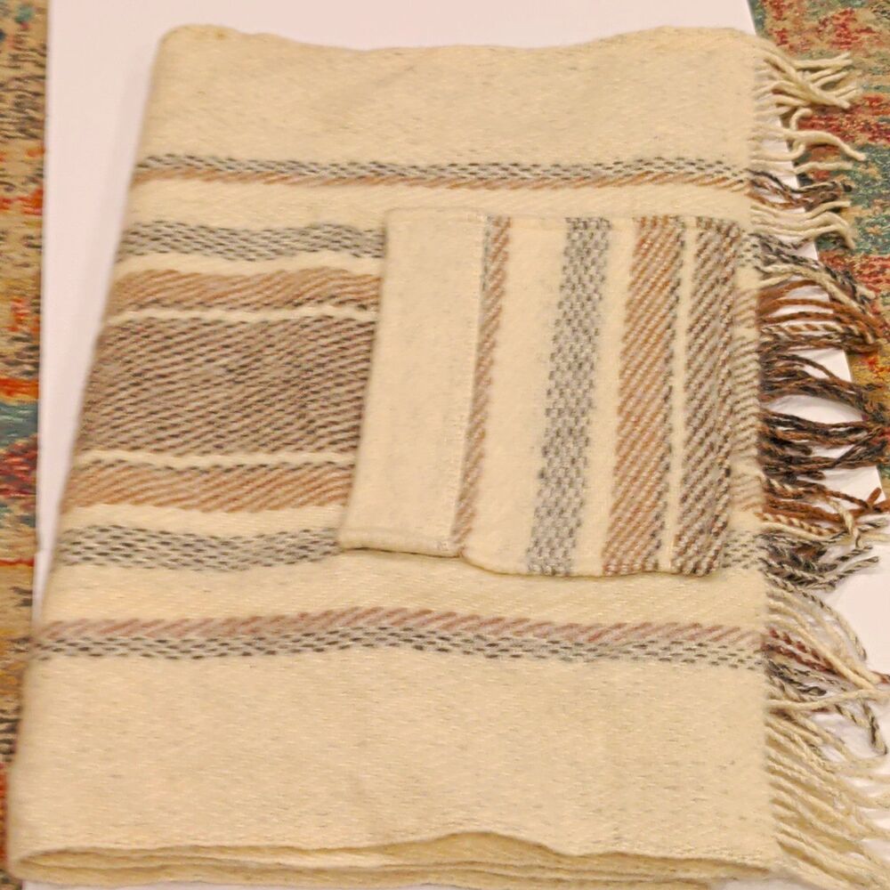 Viking Forsbro Wool Striped Bohemian Shawl Throw Fringed Beige Brown Gray